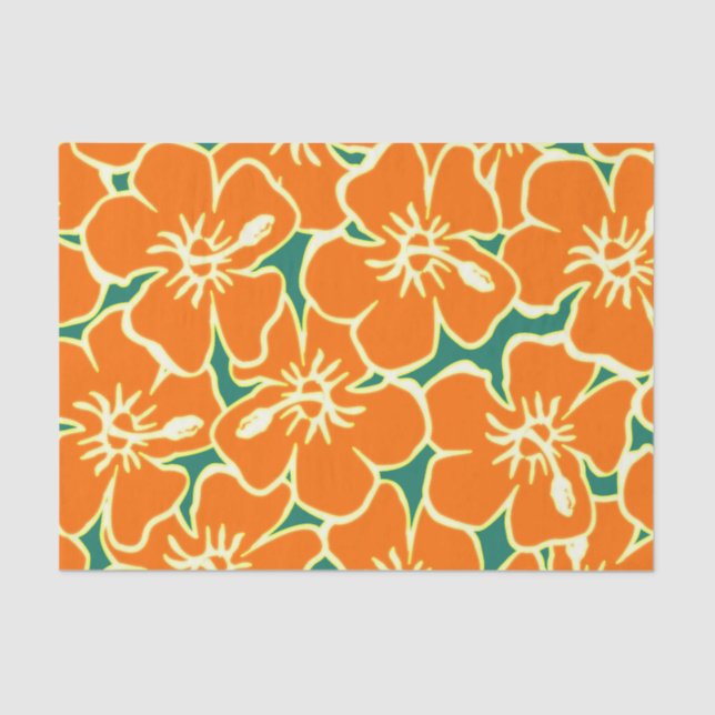 Papier Mousseline Orange Hibiscus Fleurs Tropical Hawaiian Luau (Recto)