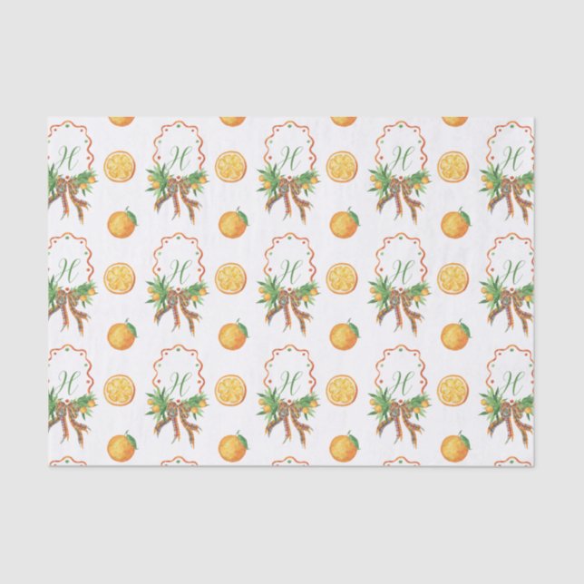 Papier Mousseline Oranges d'aquarelle Plaid Bow Monogramme de Noël (Recto)