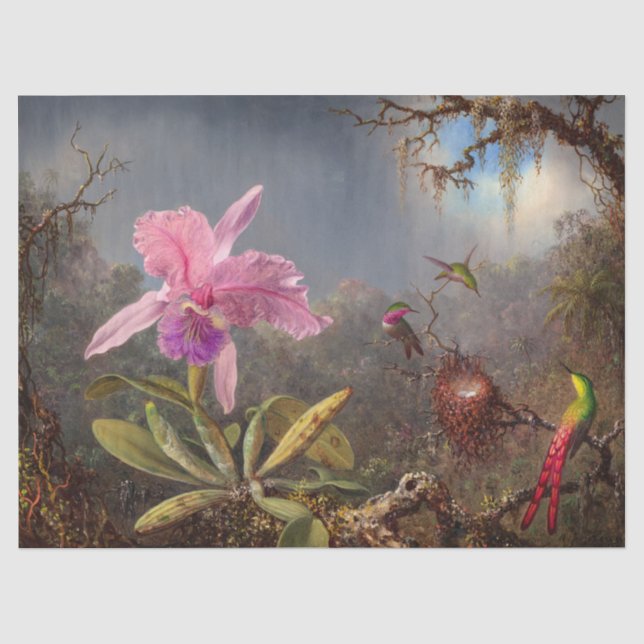 Papier Mousseline Orchidée de Cattleya et trois colibris par Heade (Recto)