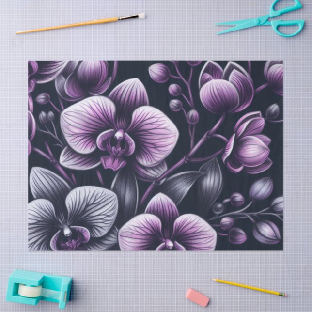 Papier Mousseline Orchidées Florales Noir pourpre Moody Decoupage (Artisanat)