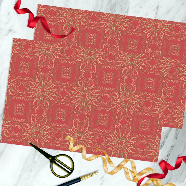Papier Mousseline Oriental Luxury Gold et Red Filigree Motif (Créateur téléchargé)