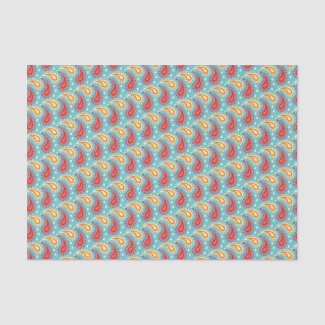 Papier Mousseline Oriental Turquoise Orange Perse Motif Paisley (Recto)