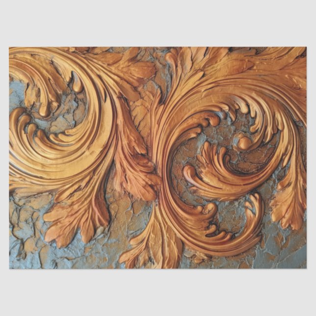 Papier Mousseline Ornement baroque antique en cuivre rouillé bleu ro (Recto)