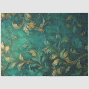 Papier Mousseline Ornement feuille en faux or baroque vert profond