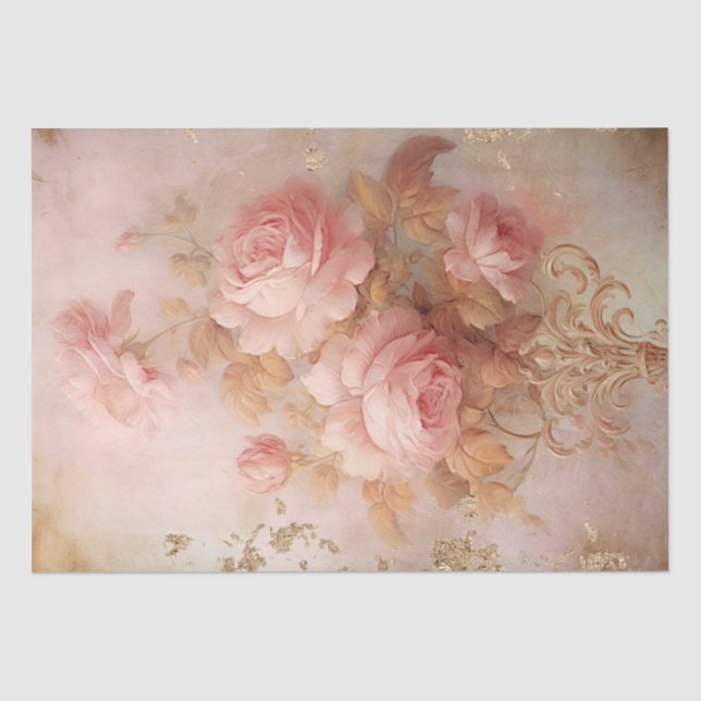 Papier Mousseline Ornements baroques or roses luxuriantes découpage (Recto)