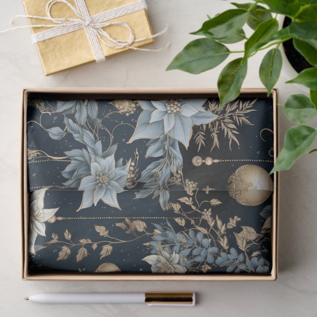 Papier Mousseline Ornements de Noël bleu et or Poinsettias (Cadeau)