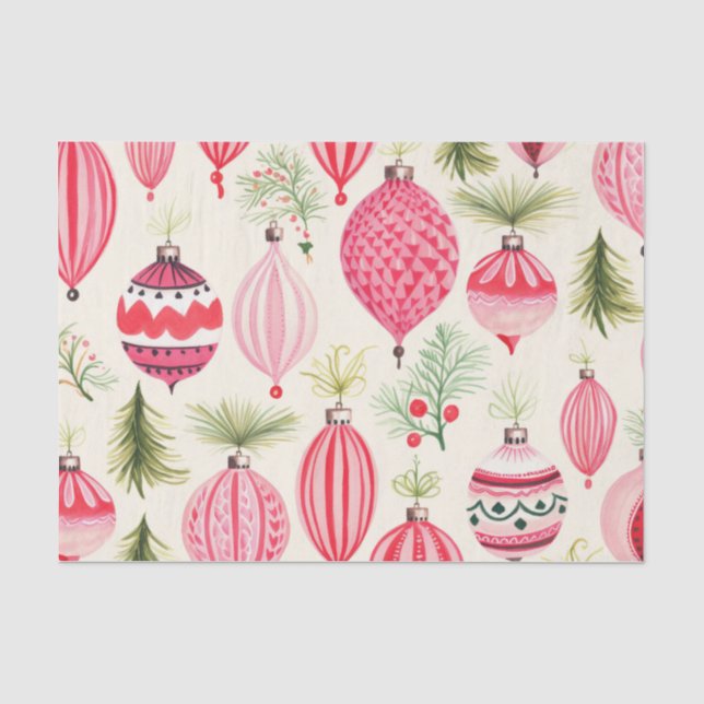 Papier Mousseline Ornements de Noël rouge rose rétro (Recto)