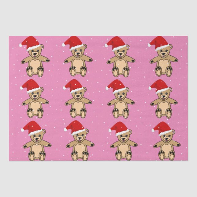 Papier Mousseline Ours en peluche mignon avec chapeau de Noël rose (Recto)