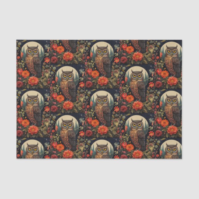 Papier Mousseline Owl at Night with a Full Moon Pattern (Recto)