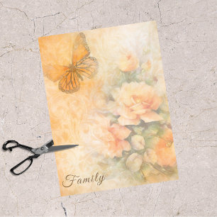 Papier Mousseline Page Pastel Orange Roses et Butterfly Family décou