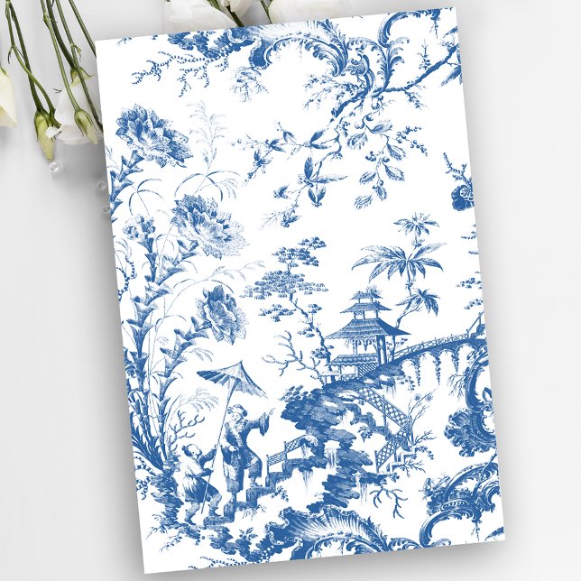Papier Mousseline Pagode bleue vintage et blanche Chinoiserie (Créateur téléchargé)
