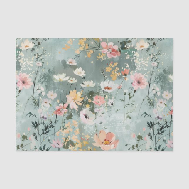 Papier Mousseline Painterly Wildflowers Pattern in Soft Shades (Recto)