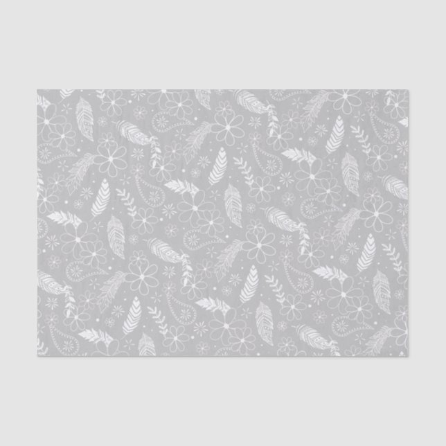 Papier Mousseline paisibles doodle plumes fleurs gris ou TOUTE coule (Recto)