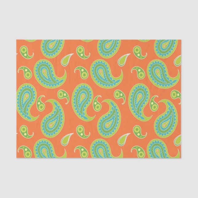 Papier Mousseline Paisley bleu-vert sur l'orange lumineuse (Recto)