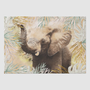 Papier Mousseline Palme tropicale Eléphant Gold