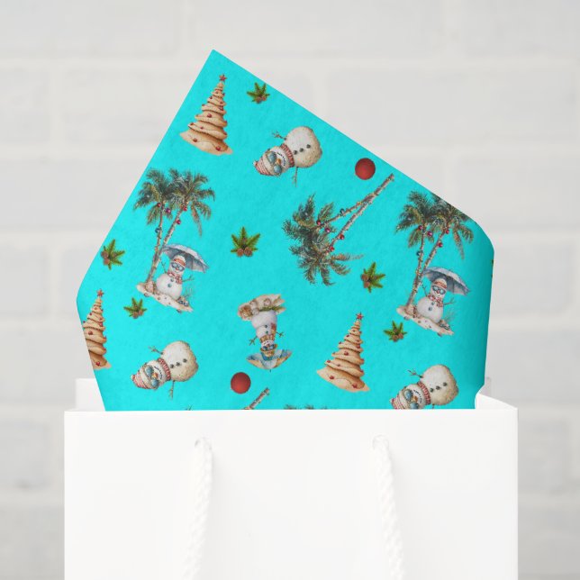 Papier Mousseline Palmiers de Noël Chaleureux Snowmen Aqua (Sac cadeau)