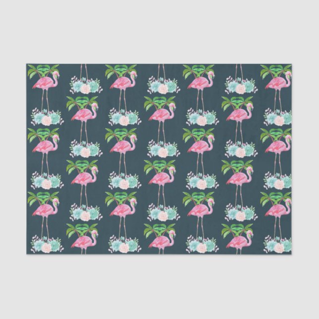 Papier Mousseline Palmiers Flamants roses roses et succulents florau (Recto)