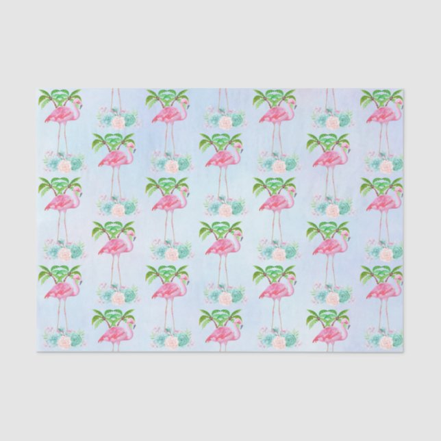 Papier Mousseline Palmiers Flamants roses roses et succulents florau (Recto)
