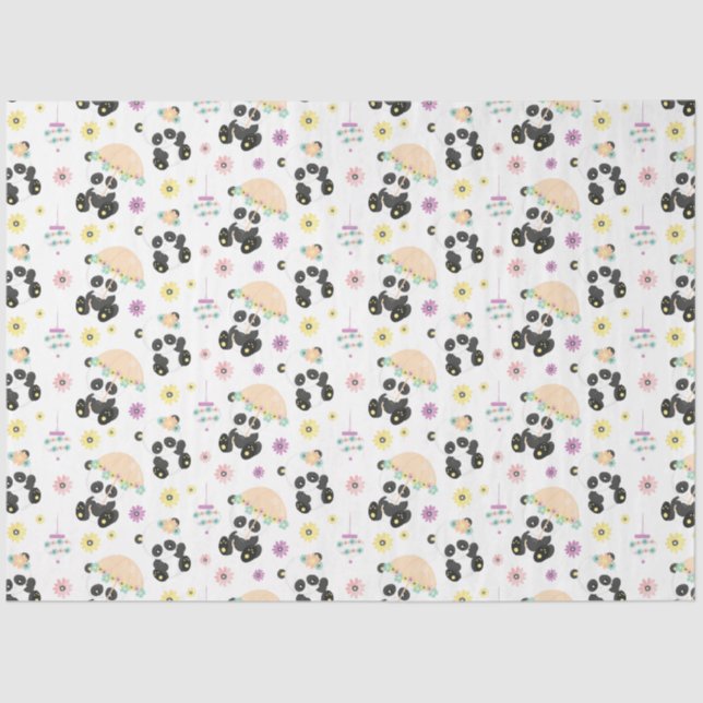 Papier Mousseline Pandas orientales mignonnes Motif sur blanc (Recto)