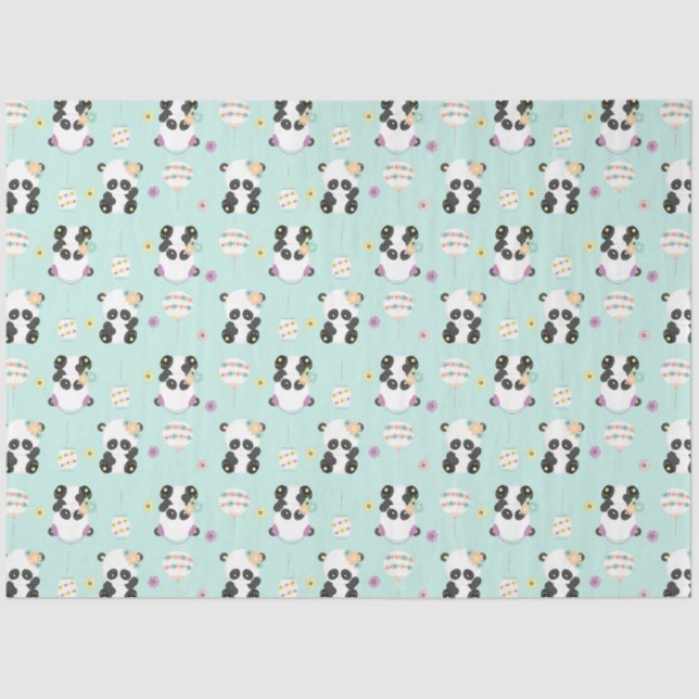 Papier Mousseline Pandas orientaux mignons Motif vert (Recto)