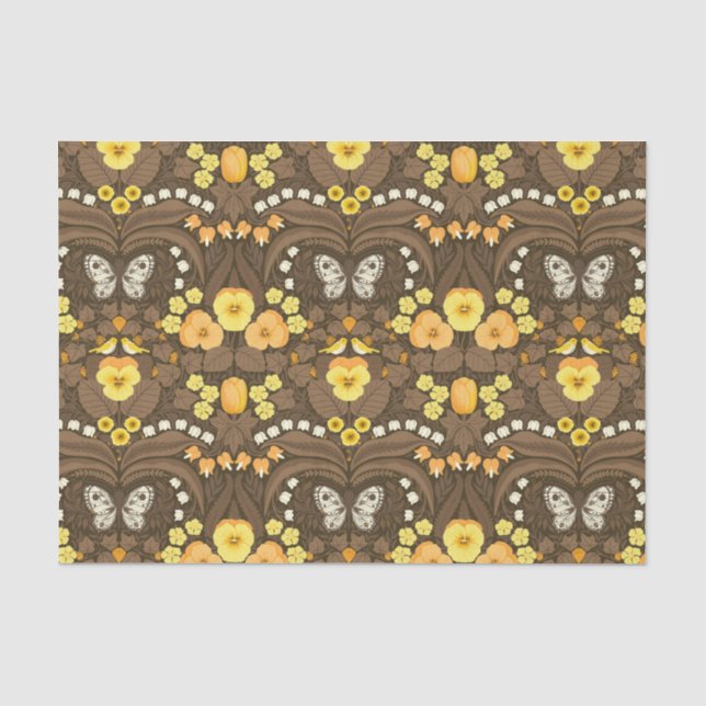 Papier Mousseline Pansies jaunes, oiseaux et papillons (Recto)