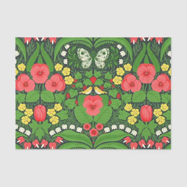 Papier Mousseline Pansies rouges, oiseaux et papillons (Recto)