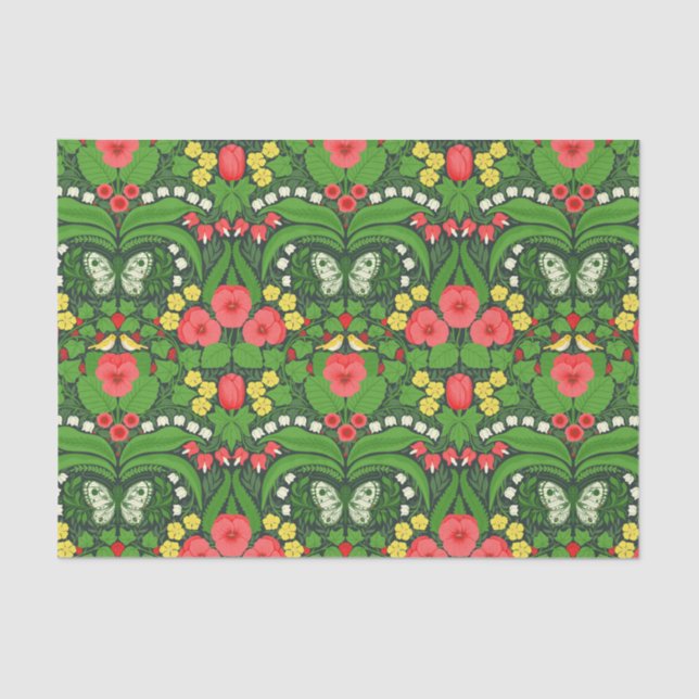 Papier Mousseline Pansies rouges, oiseaux et papillons (Recto)