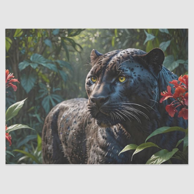 Papier Mousseline Panthère noire - Jaguar dans la Jungle Fleurs roug (Recto)
