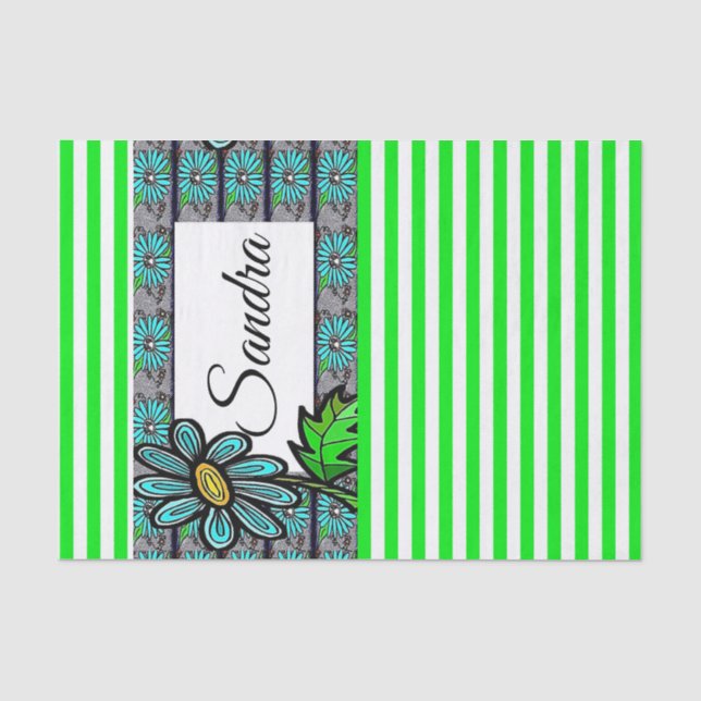 Papier Mousseline Papier à papier tissu Vert rayures florales (Recto)