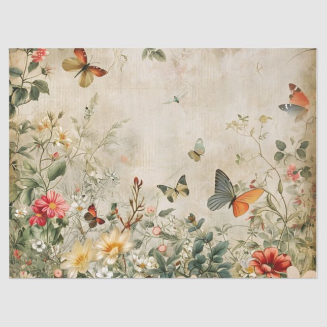 Papier Mousseline Papier de papier de tissus Papillon et Fleurs vint (Recto)