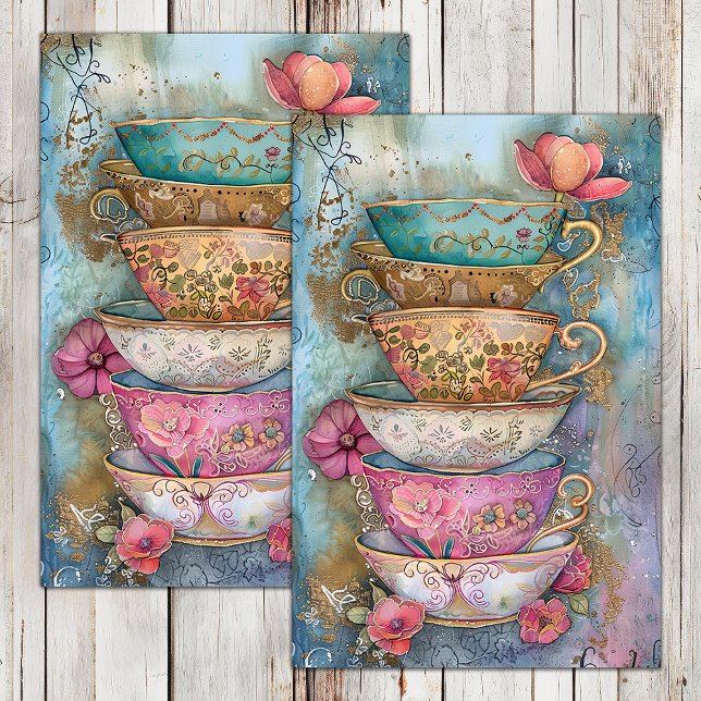 PAPIER MOUSSELINE PAPIER DE TISSU DE DÉCOUPAGE DE TASSE DE THÉ EMPIL (STACKED TEA CUPS DECOUPAGE TISSUE PAPER)