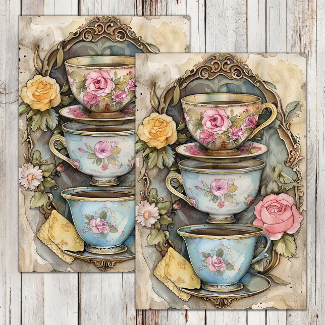 PAPIER MOUSSELINE PAPIER DE TISSU DE DÉCOUPAGE DE TASSE DE THÉ EMPIL (STACKED TEA CUPS DECOUPAGE TISSUE PAPER)
