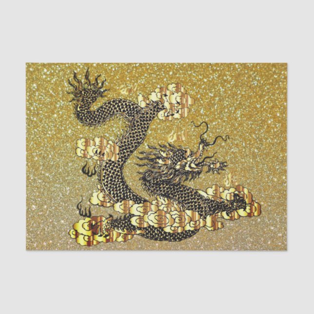 Papier Mousseline Papier de tissu de dragon chinois noir et or (Recto)