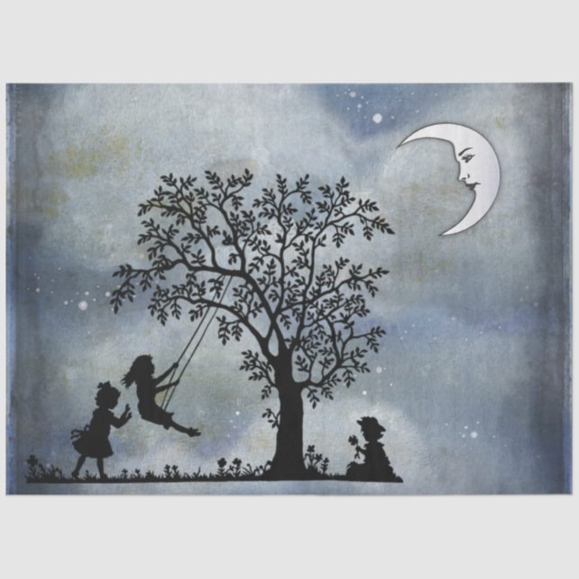 Papier Mousseline Papier de tissus avec lune et enfants jouant (Recto)