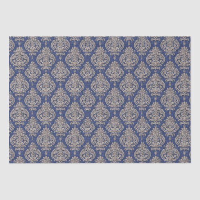 Papier Mousseline Papier de tissus Damas bleu et or (Recto)