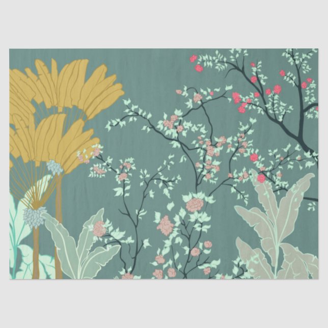 Papier Mousseline Papier de tissus fleuri Green Palm Chinoiserie (Recto)