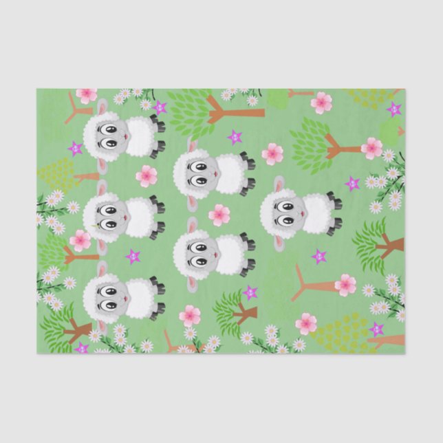 Papier Mousseline Papier de tissus Moutons verts arbres (Recto)