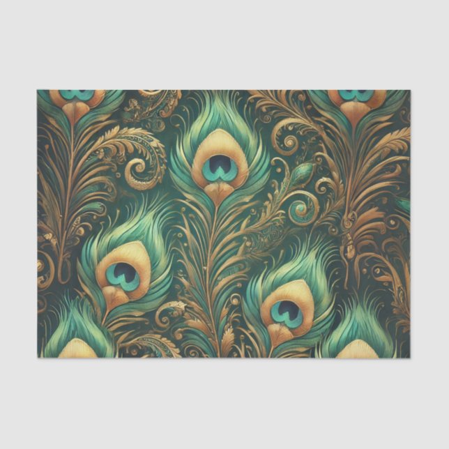 Papier Mousseline Papier Découpage vert et or Peacock Feathers (Recto)