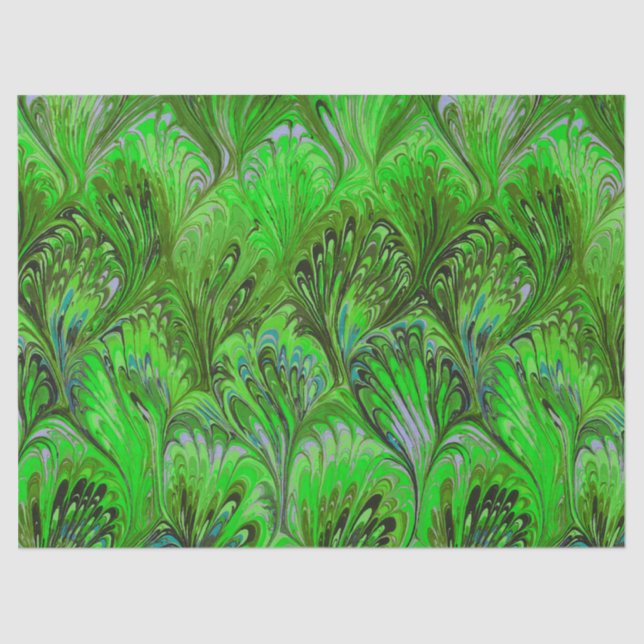 PAPIER MOUSSELINE PAPIER MARBÉ, MOTIF ABSTRAIT VERT PEACOCK (Recto)