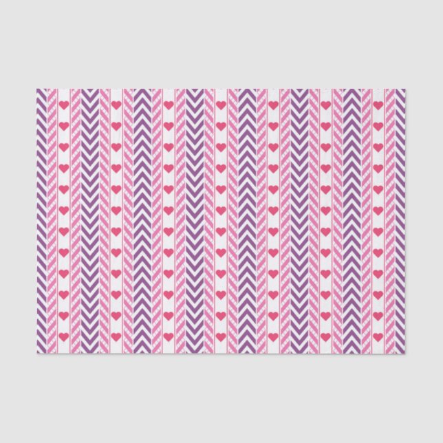 Papier Mousseline Papier Tissu Coeurs rouges et Chevrons pourpres (Recto)