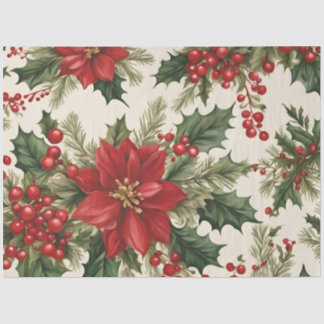 Papier Mousseline Papier Tissu de Noël Holly & Red Berries