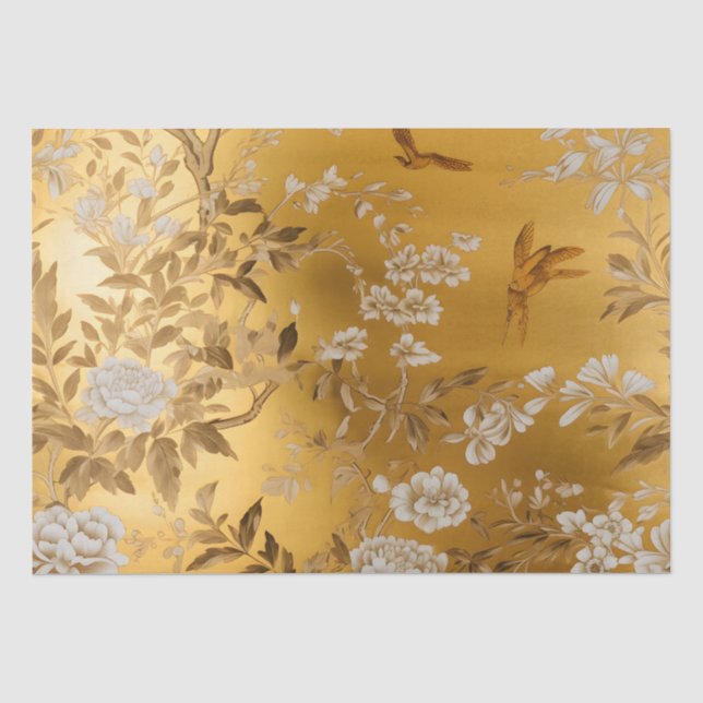 Papier Mousseline Papier Tissu Floral Chinoiserie Or (Recto)