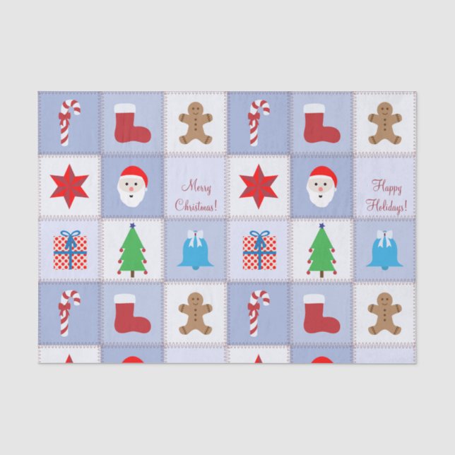 Papier Mousseline Papier Tissu Motif de Noël - Bleu (Recto)