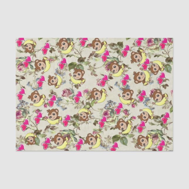 Papier Mousseline Papier Tissu Singes Bananes Coeurs Rose Floral (Recto)