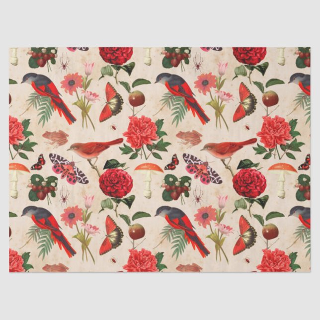 Papier Mousseline Papillon aux oiseaux rouges et découpage des champ (Recto)
