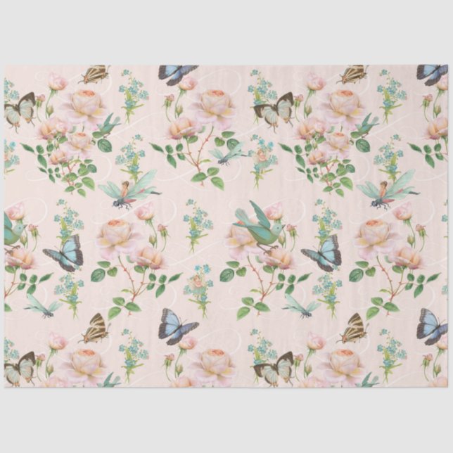 Papier Mousseline Papillon Fée Cachée Blush Rose Floral Dragonfly (Recto)