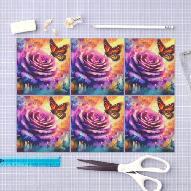 Papier Mousseline Papillon Monarque sur Rose au coucher du soleil Dé (Artisanat)