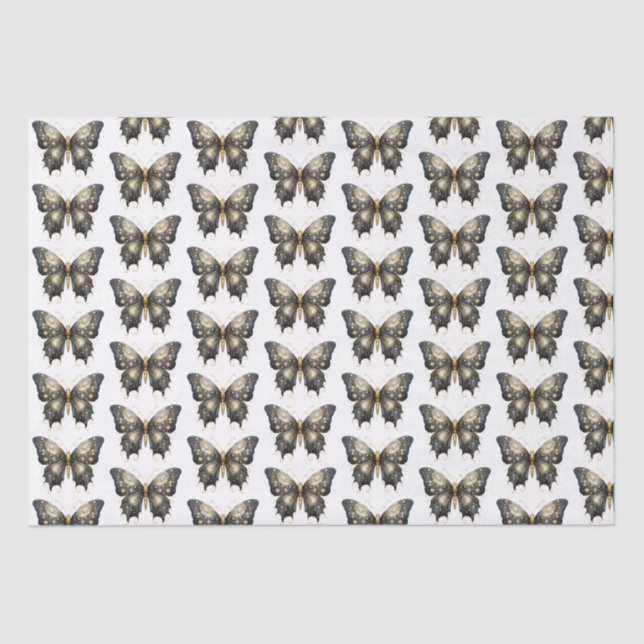 Papier Mousseline Papillon noir et or Motif blanc Halloween (Recto)