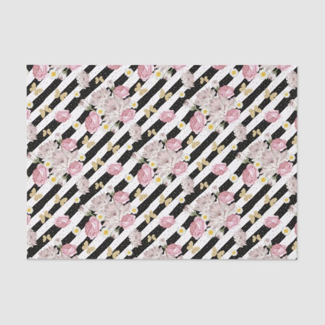 Papier Mousseline Papillon Rose Marguerite Floral Rayure Noir Blanc (Recto)