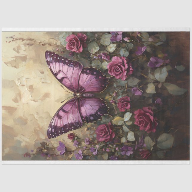 Papier Mousseline Papillon violet Rose Bush Peinture Découpage (Recto)